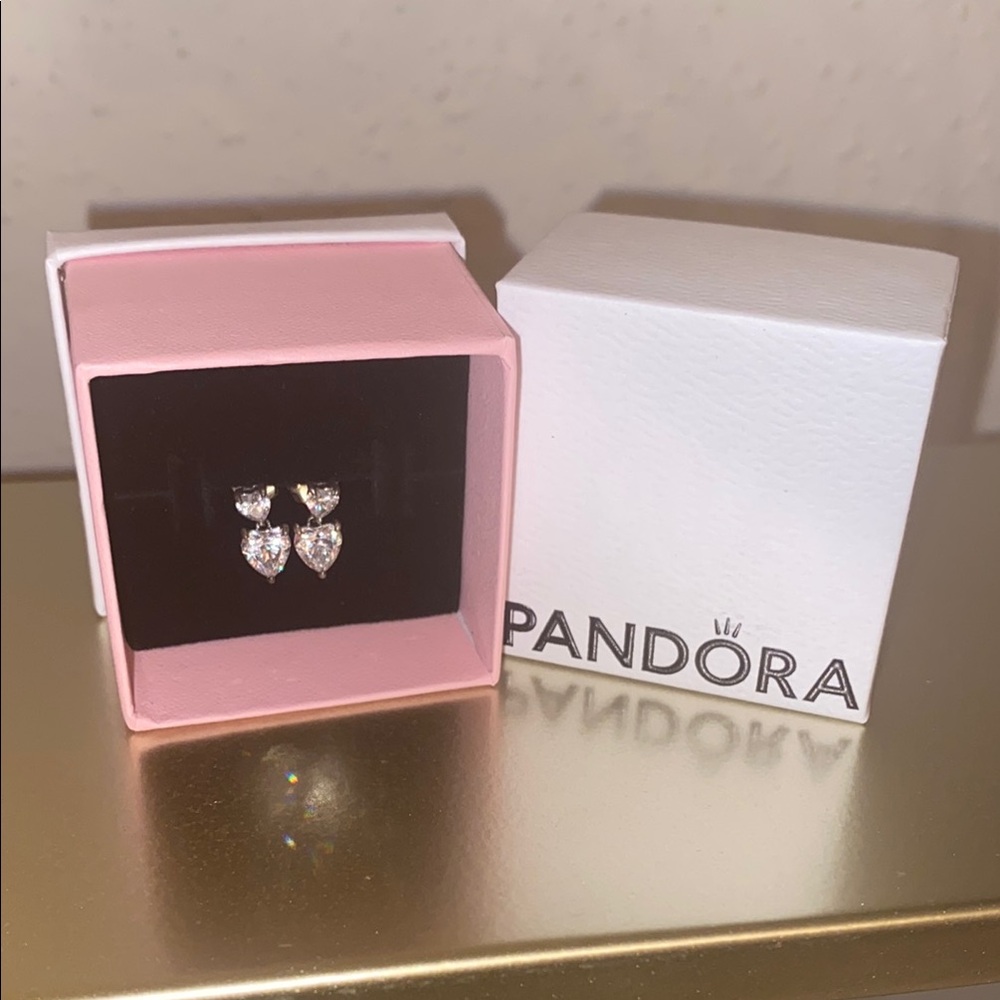 Pandora Double Heart Diamond Dangling Earrings